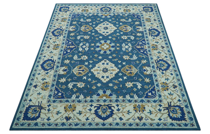 Custom Made Traditional Oriental Design Blue And Beige Hand - Tufted Wool Area Rug - The Rug Decor