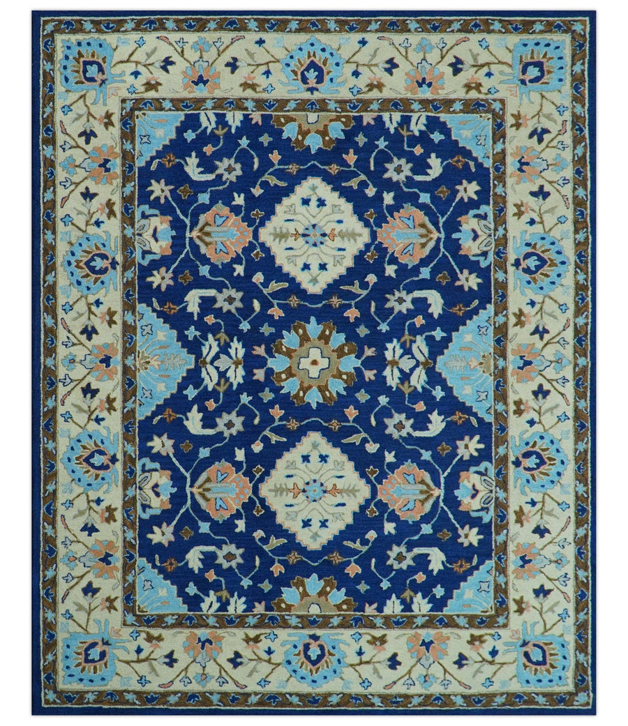 Custom Made Traditional Oriental Design Blue And Beige Hand - Tufted Wool Area Rug - The Rug Decor