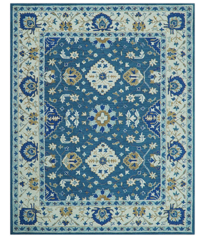 Custom Made Traditional Oriental Design Blue And Beige Hand - Tufted Wool Area Rug - The Rug Decor