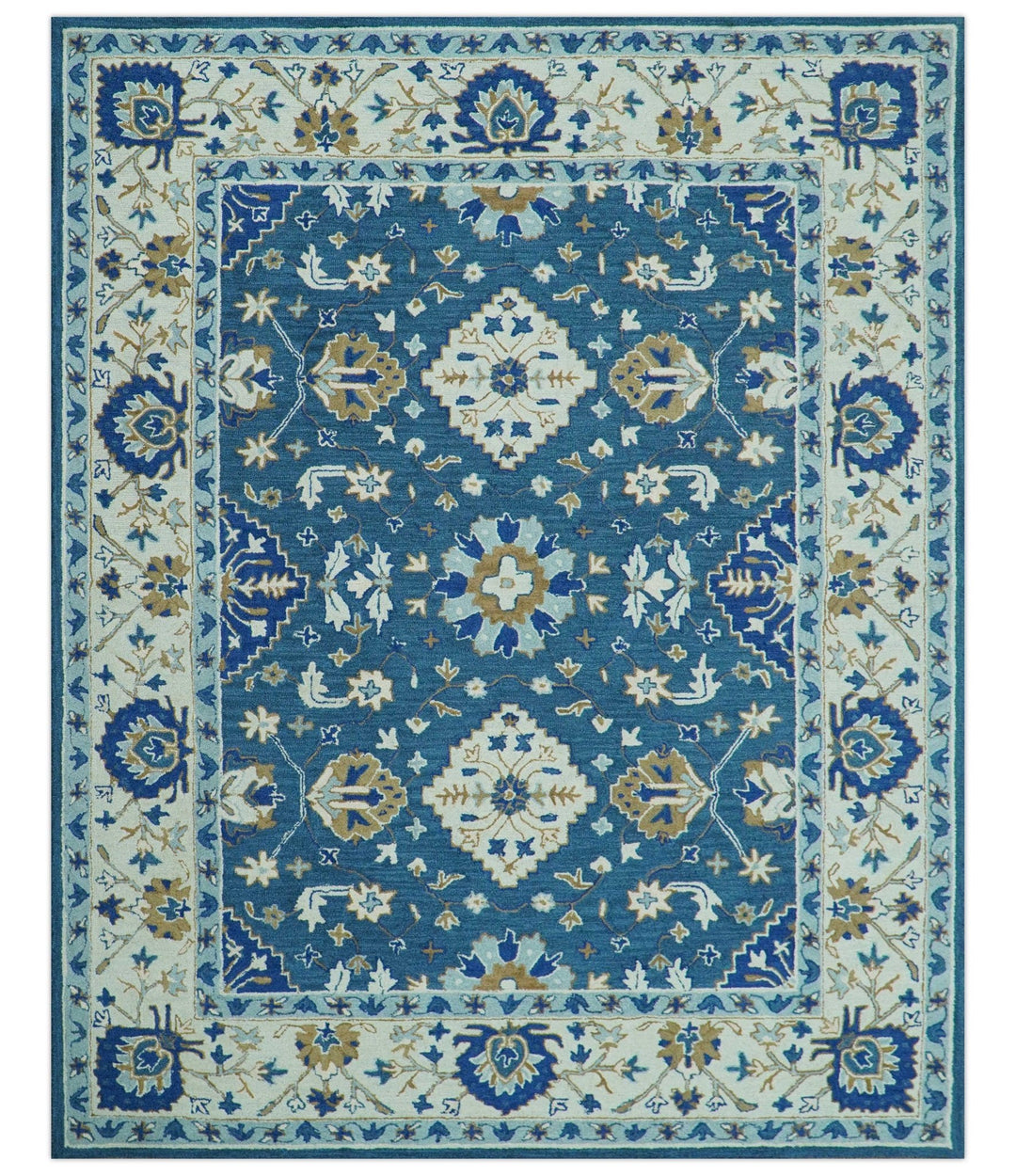 Custom Made Traditional Oriental Design Blue And Beige Hand - Tufted Wool Area Rug - The Rug Decor