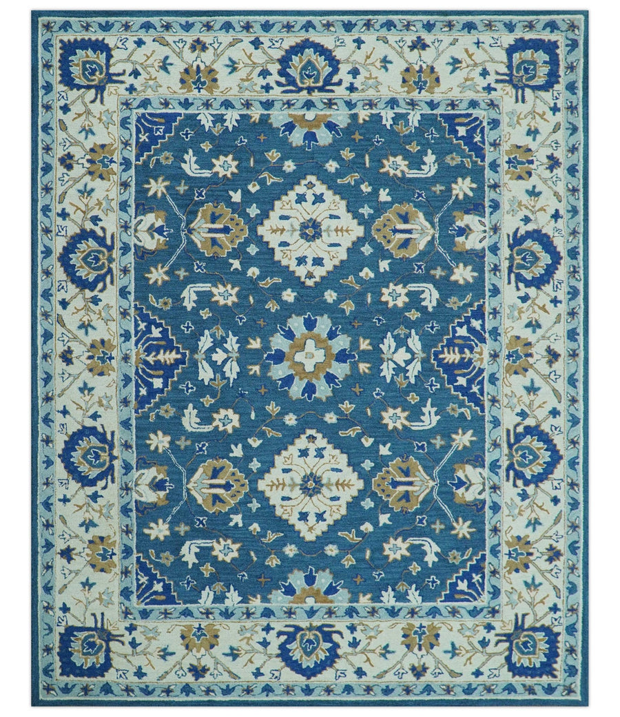 Custom Made Traditional Oriental Design Blue And Beige Hand - Tufted Wool Area Rug - The Rug Decor