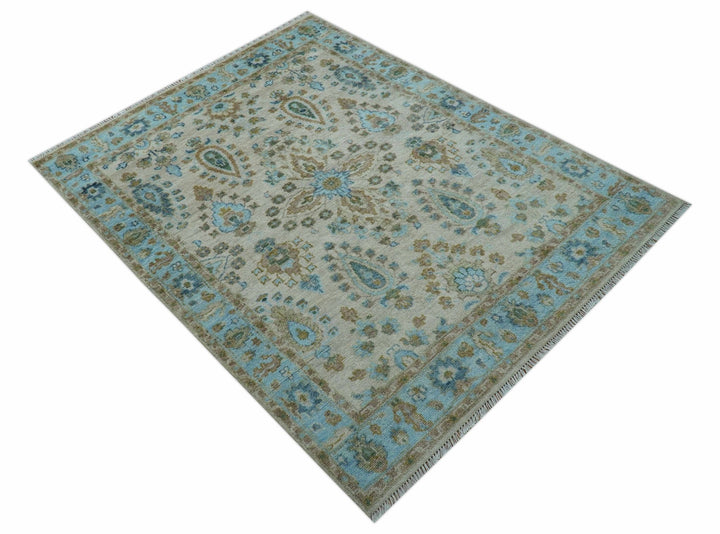 Custom Made Traditional Oriental Design Ivory And Blue Hand knotted Wool Area Rug - The Rug Decor