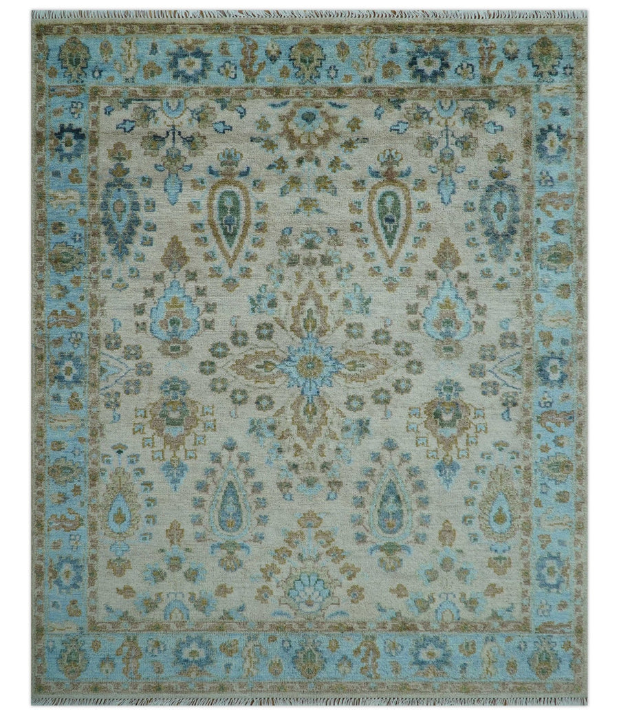 Custom Made Traditional Oriental Design Ivory And Blue Hand knotted Wool Area Rug - The Rug Decor