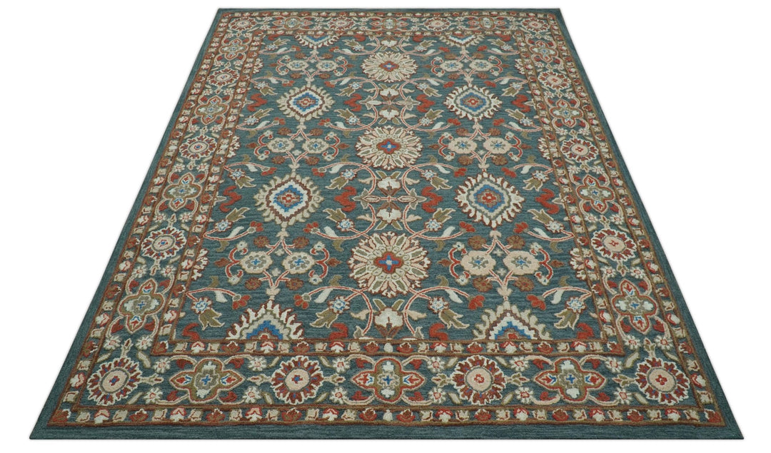 Custom Made Traditional Persian Design Silver, Blue And Rust Hand Tufted Wool Area Rug - The Rug Decor