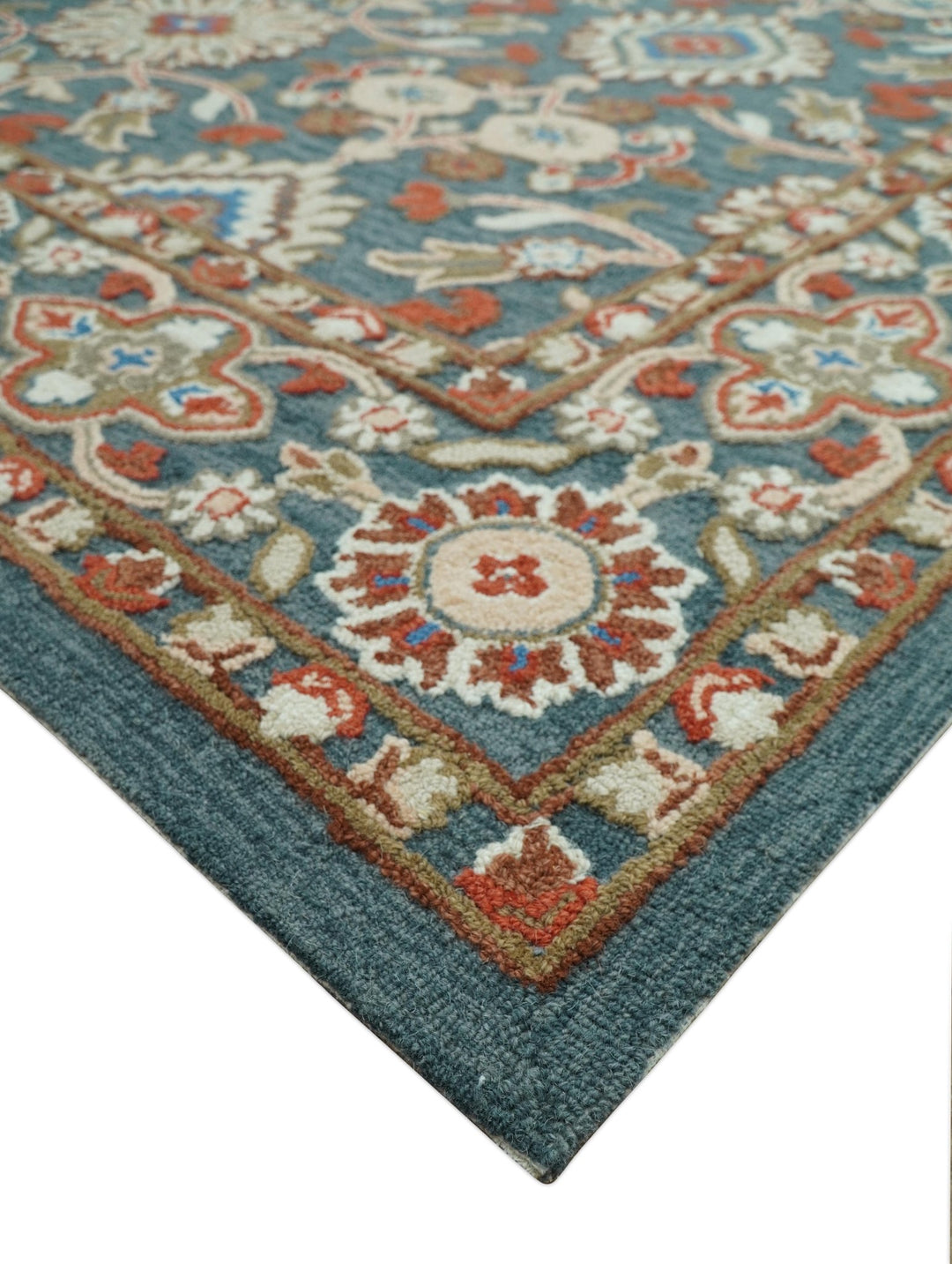 Custom Made Traditional Persian Design Silver, Blue And Rust Hand Tufted Wool Area Rug - The Rug Decor