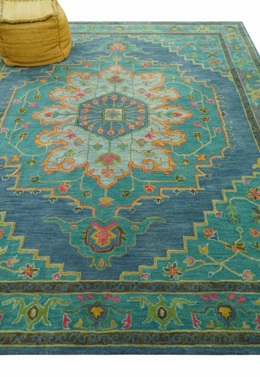 Custom Made Traditional Serapi Design Blue And Yellow Hand Tufted Wool Rug - The Rug Decor