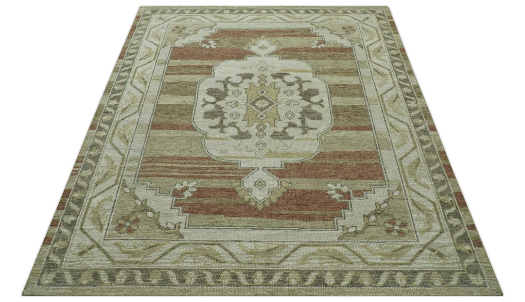 Custom Made Traditional Turkish Design Beige And Rust Hand knotted Wool Area Rug - The Rug Decor