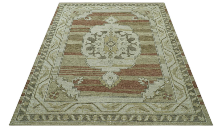 Custom Made Traditional Turkish Design Beige And Rust Hand knotted Wool Area Rug - The Rug Decor