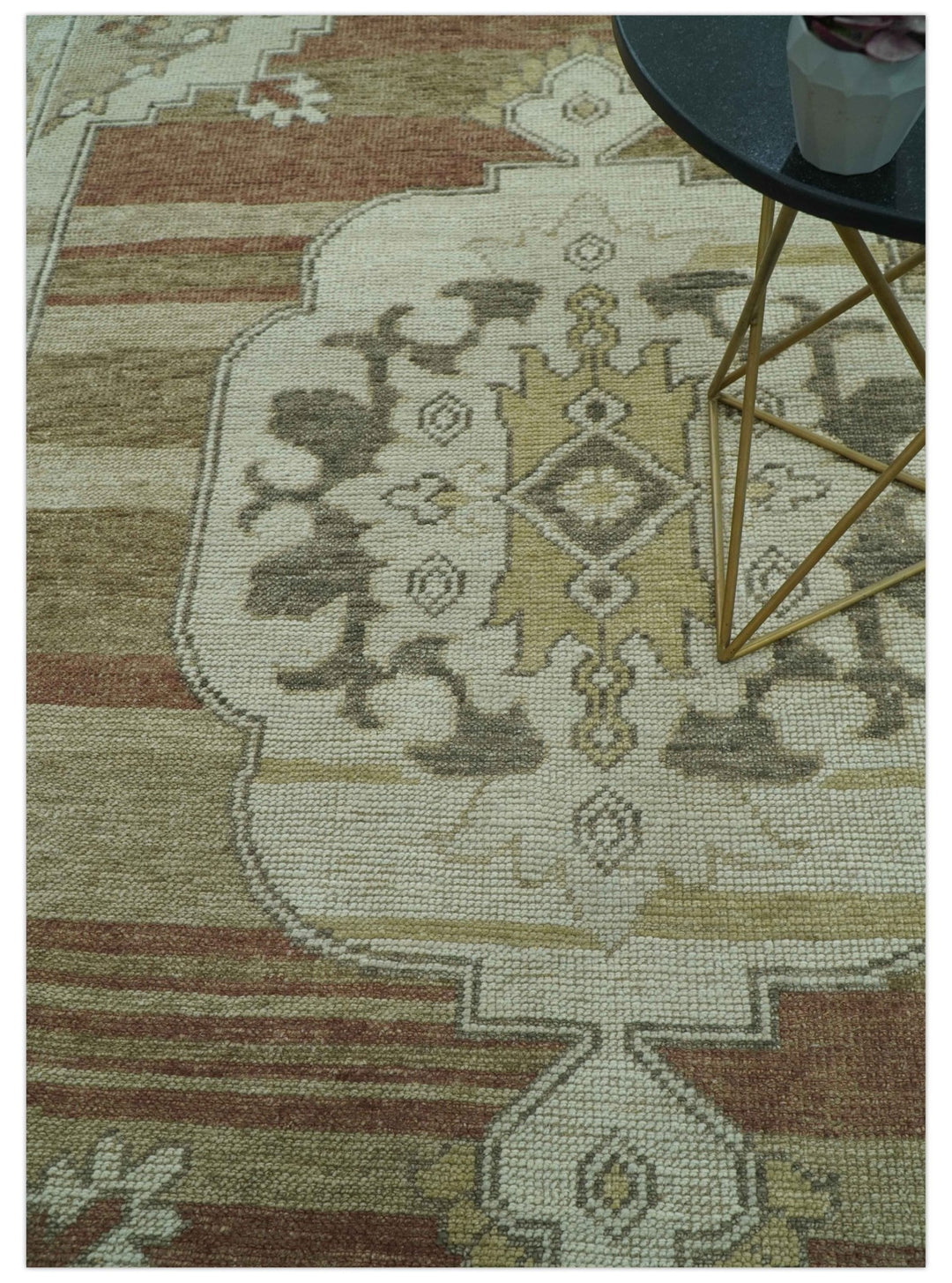 Custom Made Traditional Turkish Design Beige And Rust Hand knotted Wool Area Rug - The Rug Decor