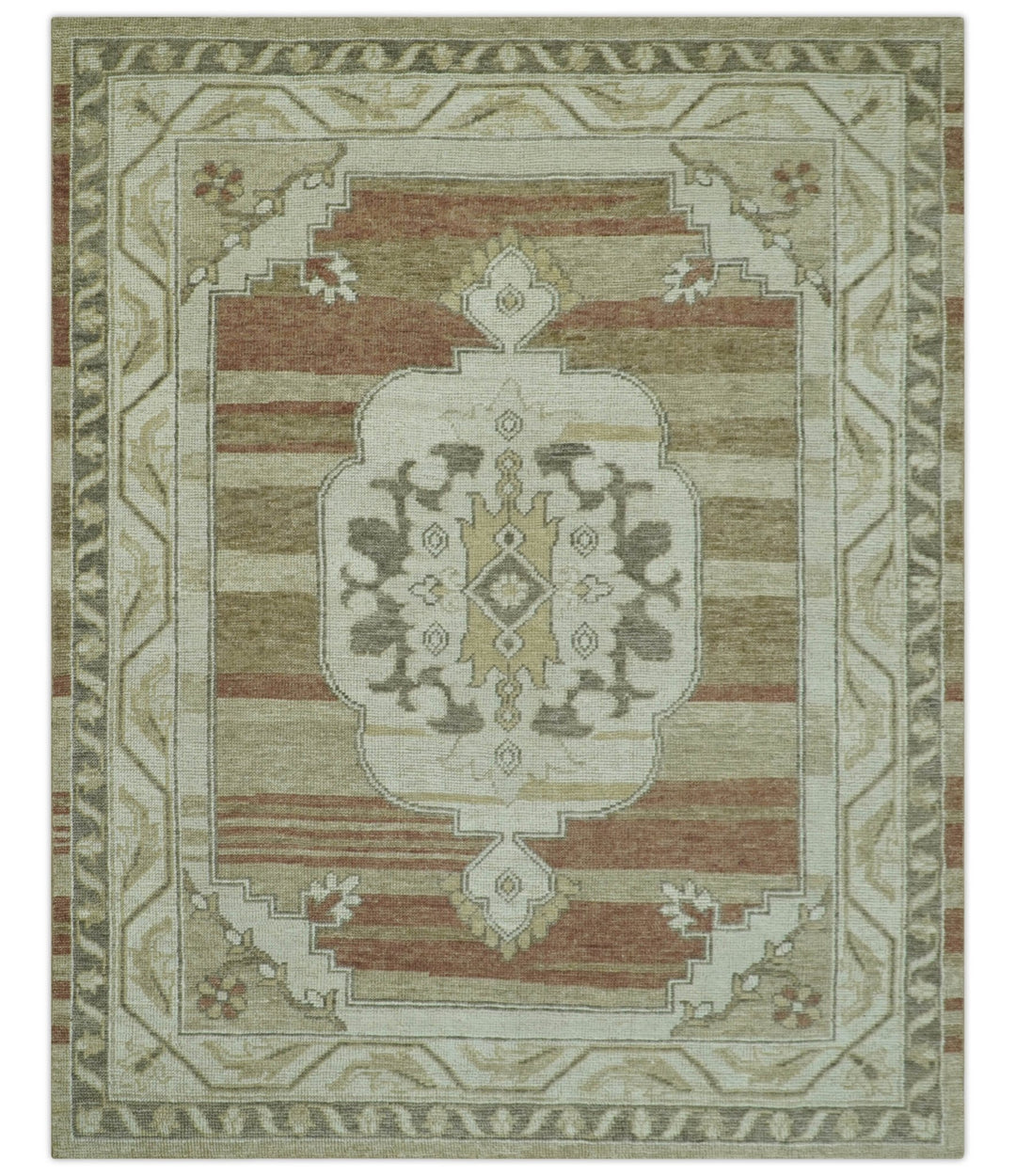 Custom Made Traditional Turkish Design Beige And Rust Hand knotted Wool Area Rug - The Rug Decor