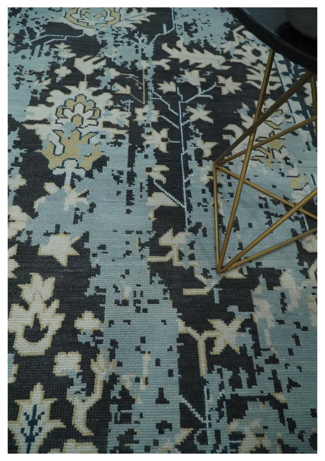 Custom Made Transitional Light Blue, Ivory, Beige and Charcoal Hand knotted wool Rug - The Rug Decor