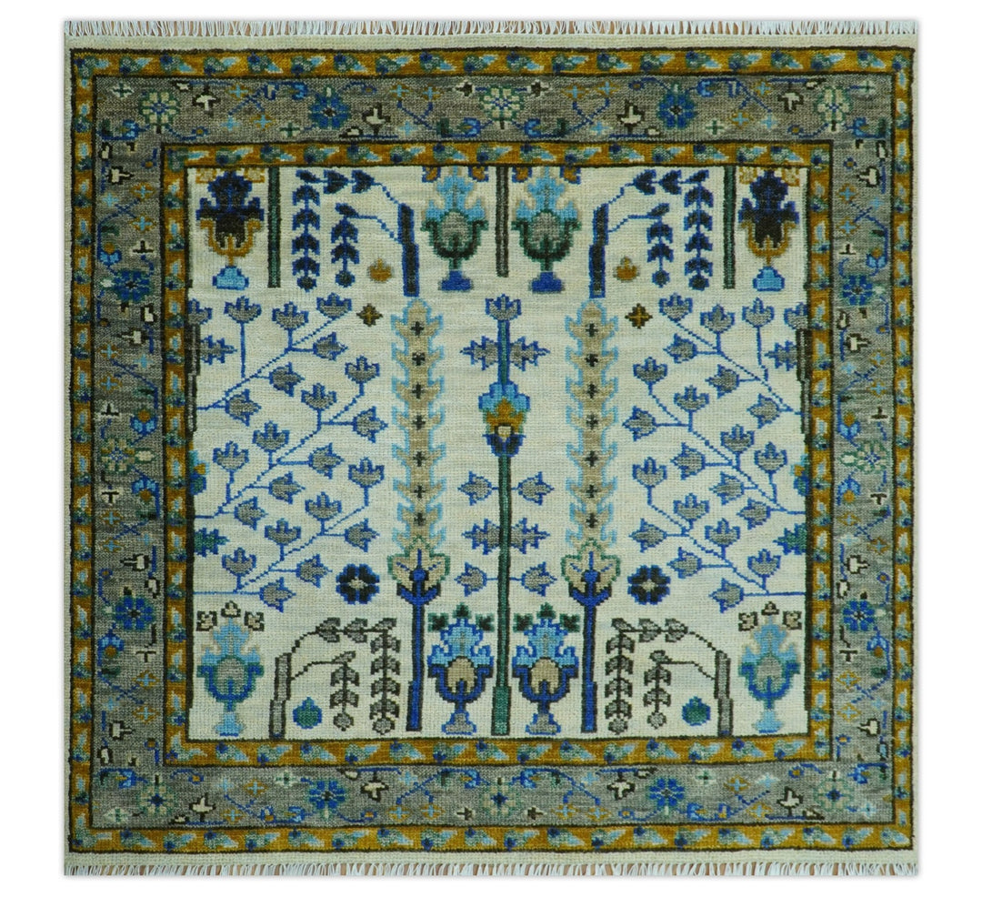 Custom Made Tree of life Hand Knotted Antique Ivory, Blue and Gray Traditional Oushak Wool area Rug - The Rug Decor