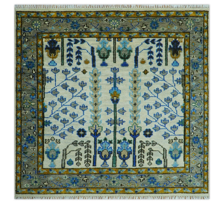 Custom Made Tree of life Hand Knotted Antique Ivory, Blue and Gray Traditional Oushak Wool area Rug - The Rug Decor