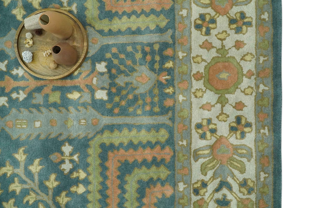 Custom Made Tree of life Traditional Teal, Silver, Green and Dark Peach wool Rug - The Rug Decor