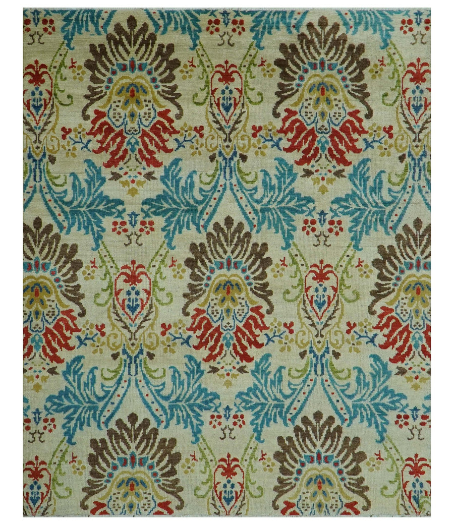 Custom Made Vintage Floral Ikat Design Beige And Blue Hand Knotted Wool Rug - The Rug Decor