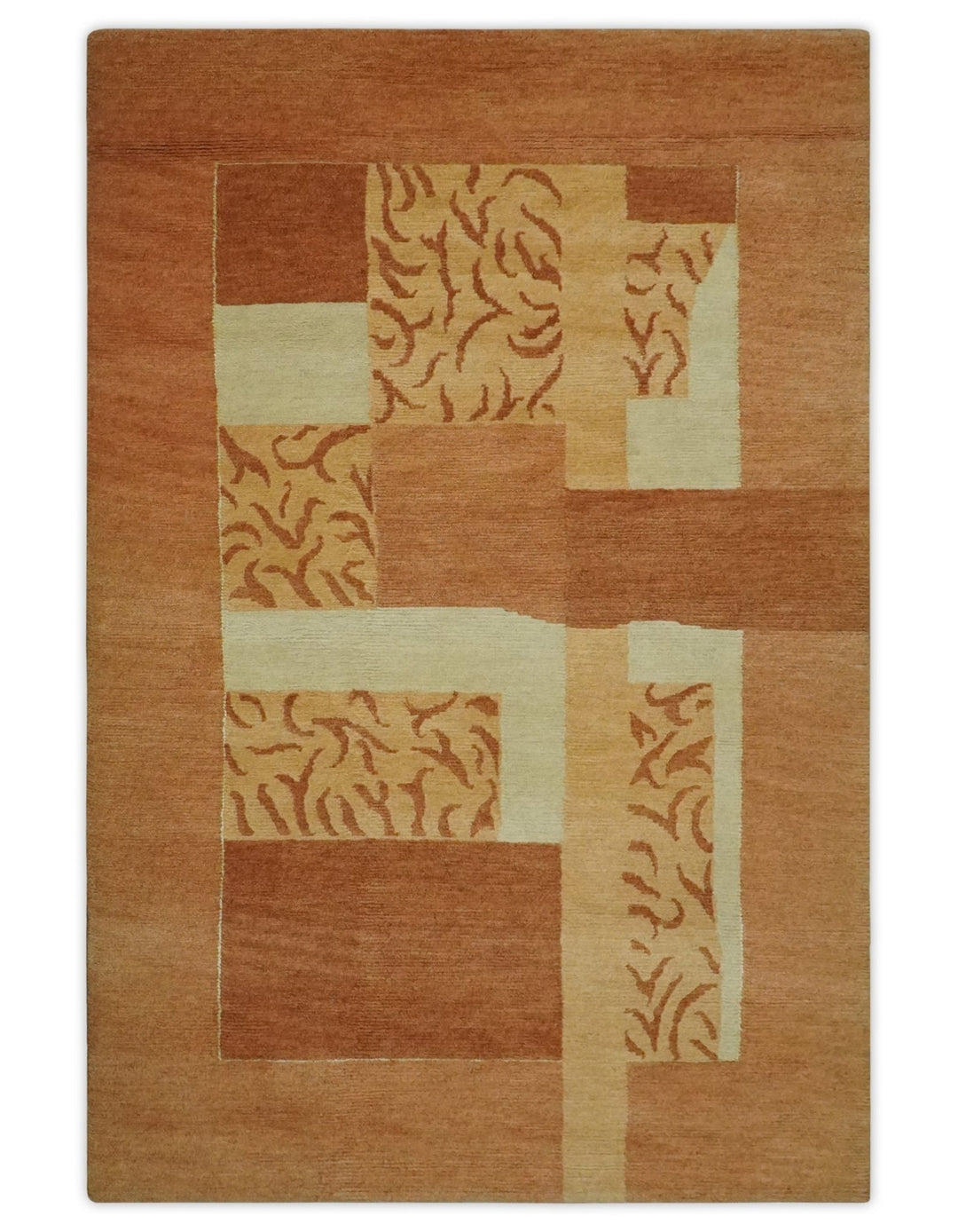 Dark Peach, Rust and Ivory Modern Geometrical Blocks Hand knotted 4x6 wool Area Rug - The Rug Decor