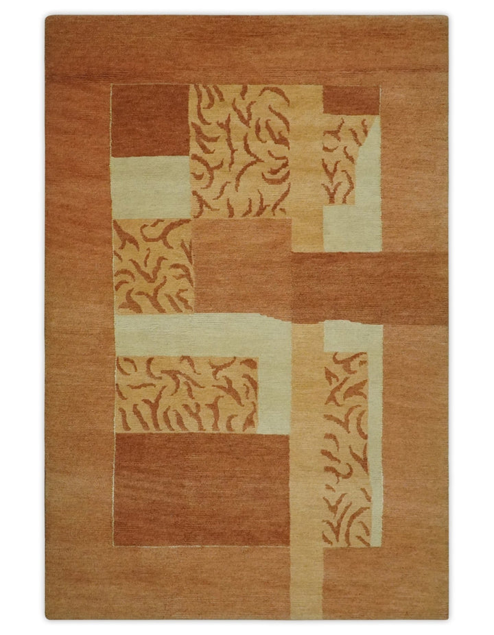 Dark Peach, Rust and Ivory Modern Geometrical Blocks Hand knotted 4x6 wool Area Rug - The Rug Decor