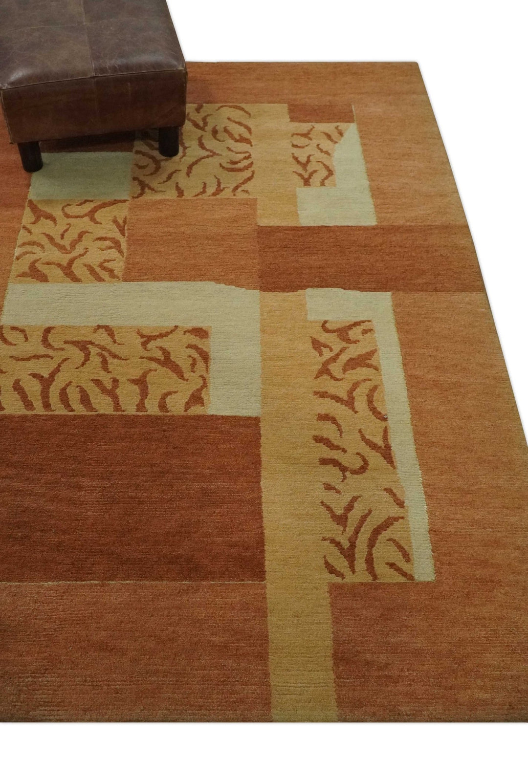 Dark Peach, Rust and Ivory Modern Geometrical Blocks Hand knotted 4x6 wool Area Rug - The Rug Decor