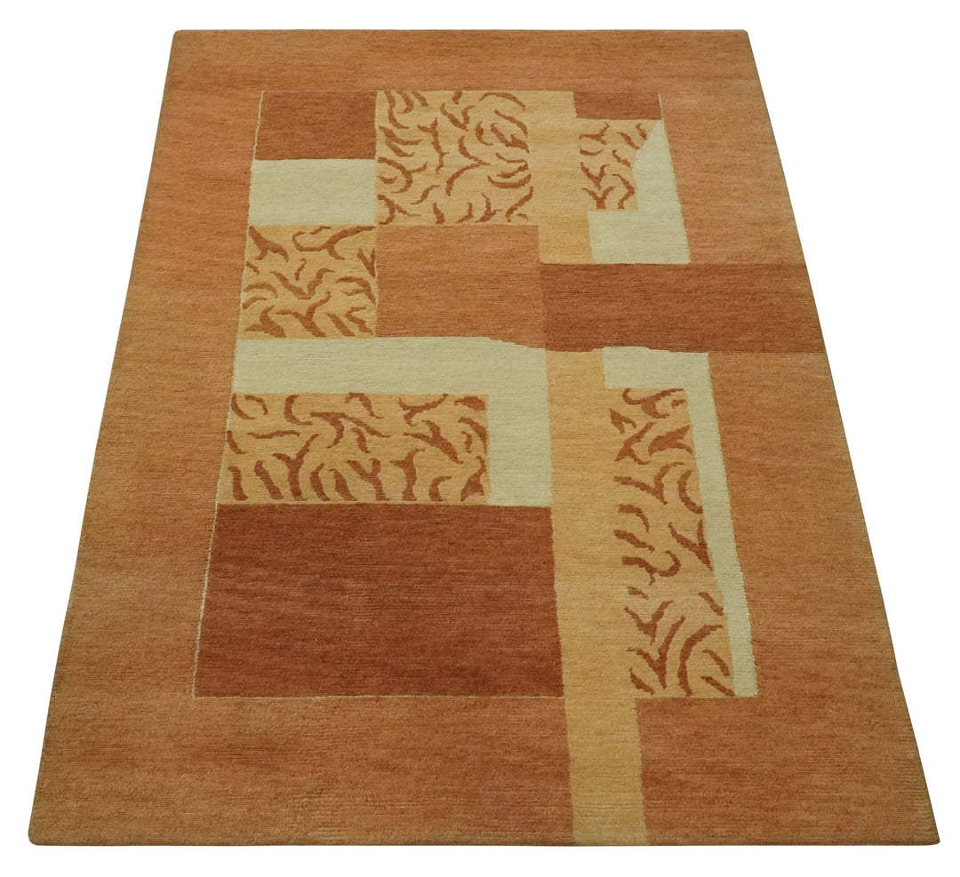 Dark Peach, Rust and Ivory Modern Geometrical Blocks Hand knotted 4x6 wool Area Rug - The Rug Decor