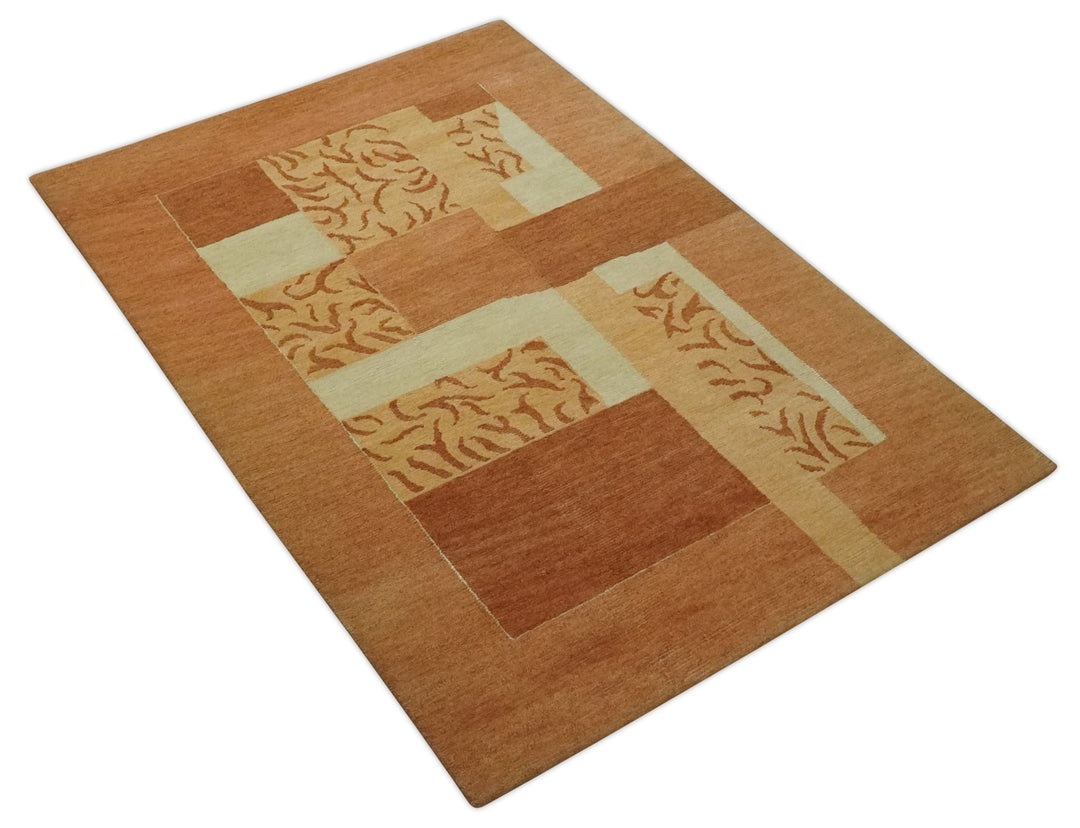 Dark Peach, Rust and Ivory Modern Geometrical Blocks Hand knotted 4x6 wool Area Rug - The Rug Decor