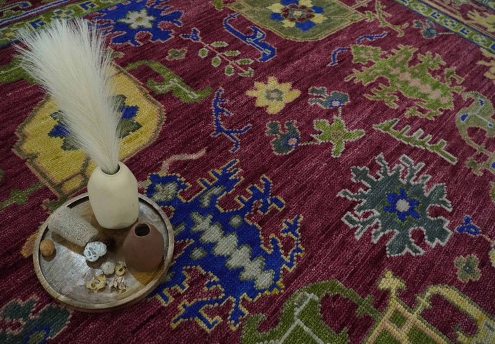 Deep Red, Green and Blue Hand knotted Traditional Oushak 9x12 wool Area Rug - The Rug Decor