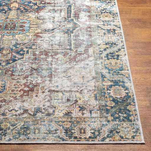 Distressed Finished Beige, Brown and Blue Traditional Washable Area Rug - The Rug Decor