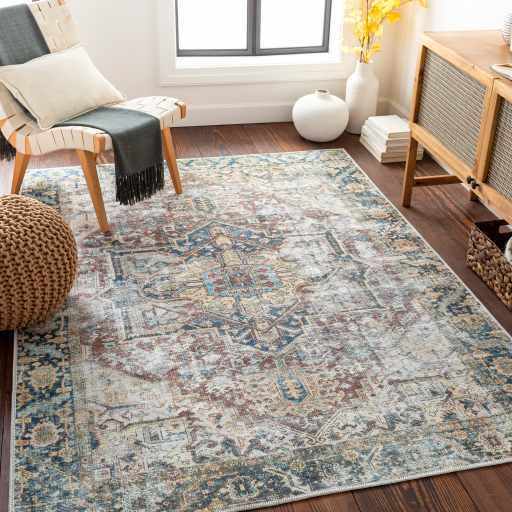 Distressed Finished Beige, Brown and Blue Traditional Washable Area Rug - The Rug Decor