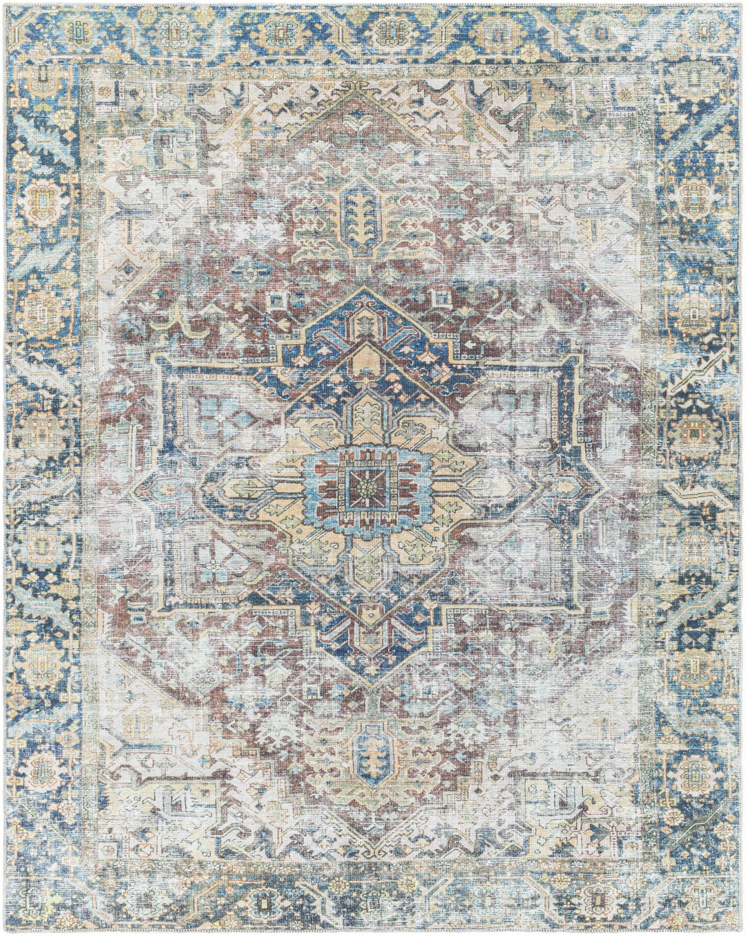 Distressed Finished Beige, Brown and Blue Traditional Washable Area Rug - The Rug Decor