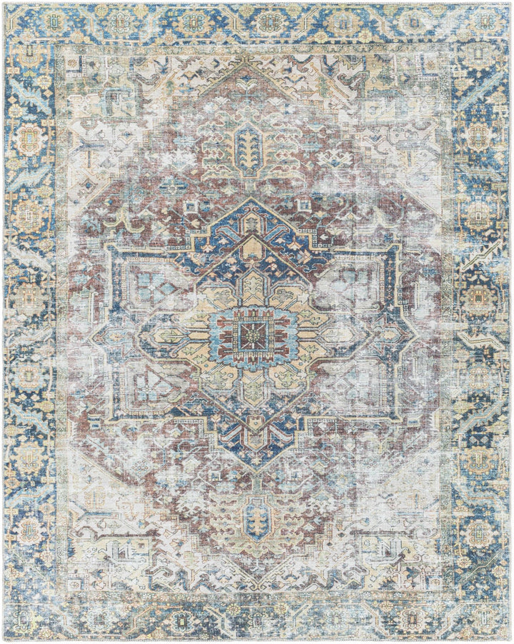Distressed Finished Beige, Brown and Blue Traditional Washable Area Rug - The Rug Decor