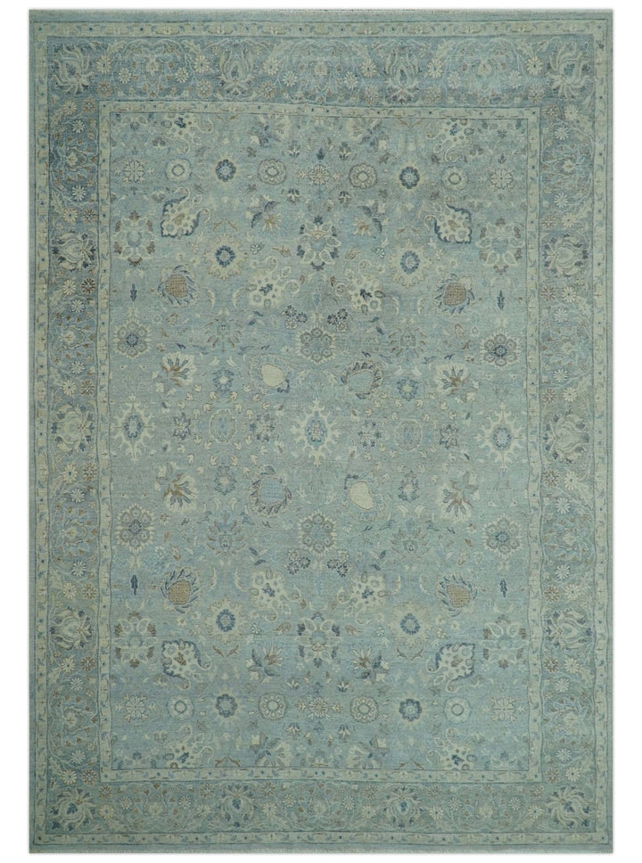 Distressed Hand Knotted Blue And Beige Traditional Design 9x13 Wool Area Rug - The Rug Decor