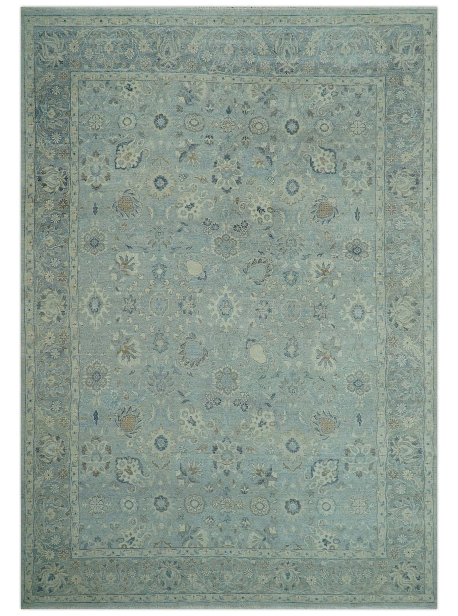 Distressed Hand Knotted Blue And Beige Traditional Design 9x13 Wool Area Rug - The Rug Decor