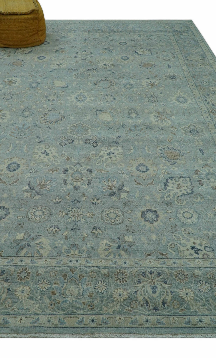 Distressed Hand Knotted Blue And Beige Traditional Design 9x13 Wool Area Rug - The Rug Decor