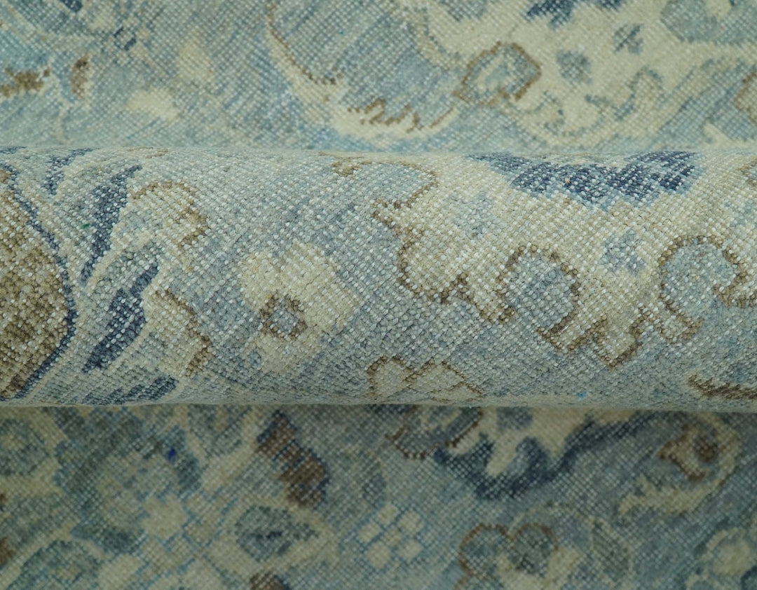 Distressed Hand Knotted Blue And Beige Traditional Design 9x13 Wool Area Rug - The Rug Decor