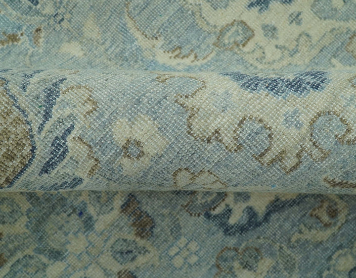 Distressed Hand Knotted Blue And Beige Traditional Design 9x13 Wool Area Rug - The Rug Decor