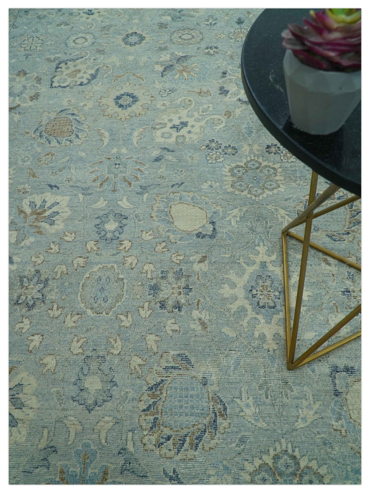 Distressed Hand Knotted Blue And Beige Traditional Design 9x13 Wool Area Rug - The Rug Decor