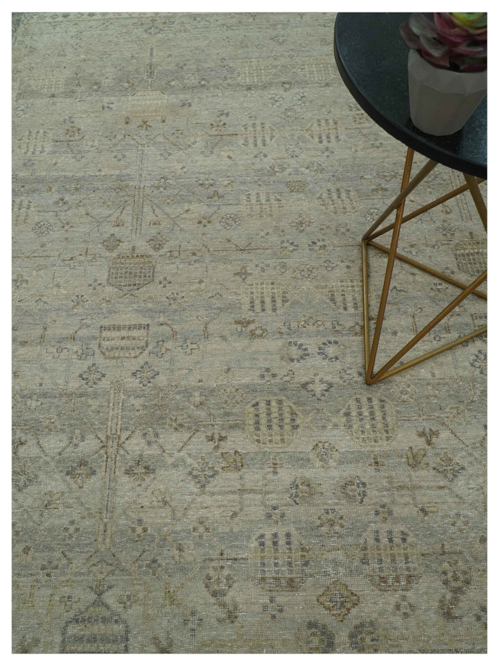 Distressed Silver And Beige Hand Knotted khotan design Custom Made wool area rug - The Rug Decor