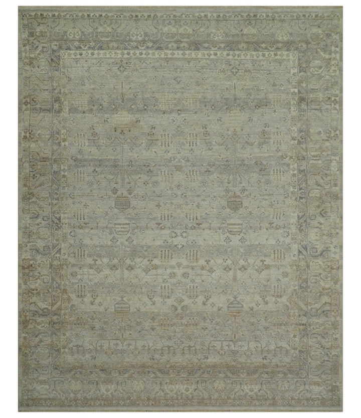 Distressed Silver And Beige Hand Knotted khotan design Custom Made wool area rug - The Rug Decor