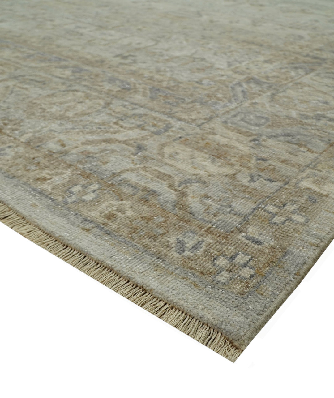 Distressed Silver And Beige Hand Knotted khotan design Custom Made wool area rug - The Rug Decor