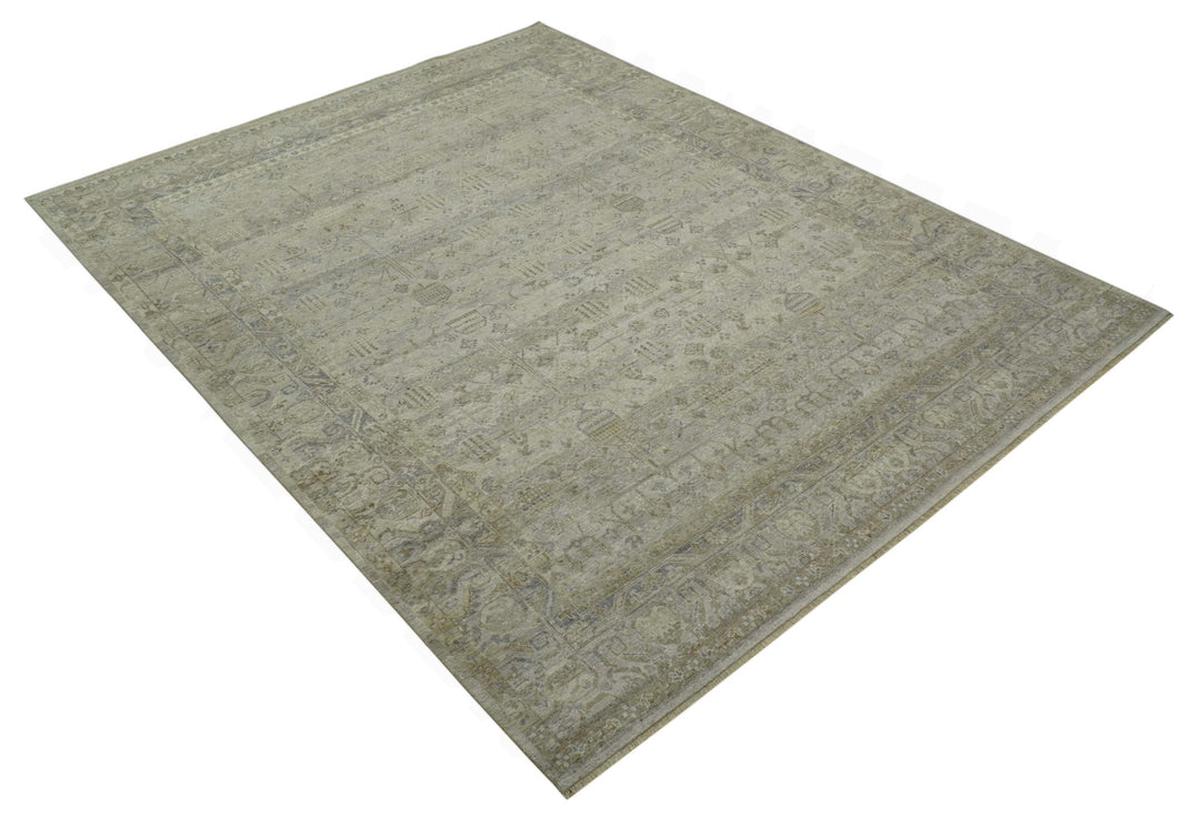 Distressed Silver And Beige Hand Knotted khotan design Custom Made wool area rug - The Rug Decor