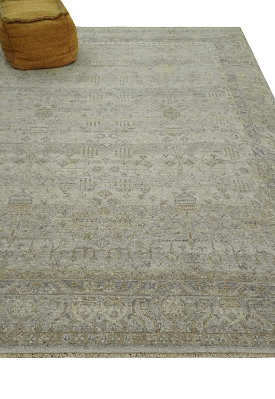 Distressed Silver And Beige Hand Knotted khotan design Custom Made wool area rug - The Rug Decor