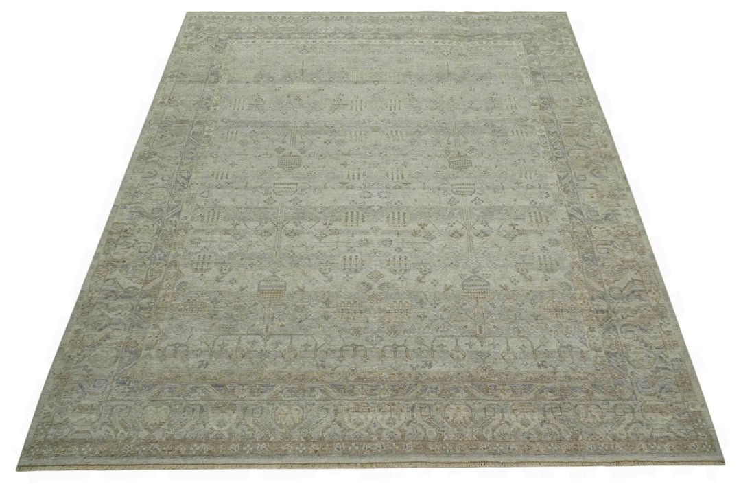 Distressed Silver And Beige Hand Knotted khotan design Custom Made wool area rug - The Rug Decor