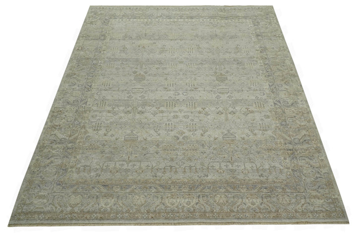 Distressed Silver And Beige Hand Knotted khotan design Custom Made wool area rug - The Rug Decor