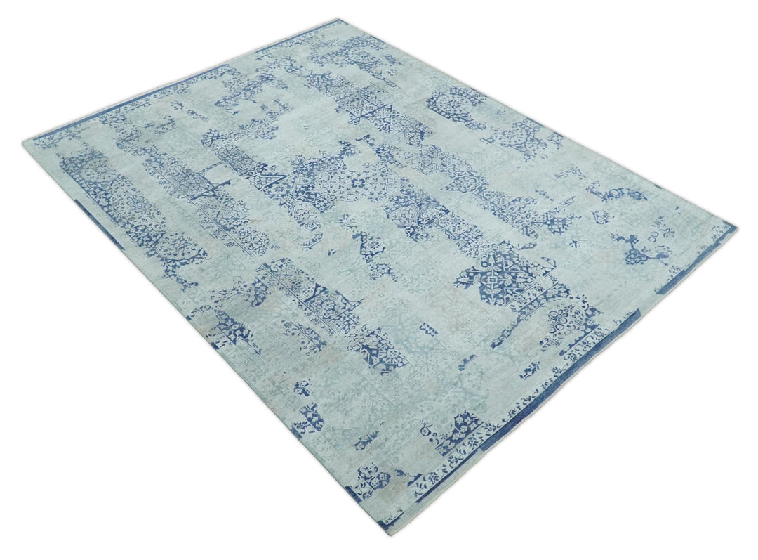 Fine Antique Design Silver, Light Teal and Blue transitional Hand Knotted 8x10 wool and Art Silk area Rug - The Rug Decor