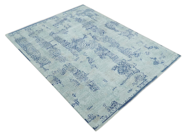 Fine Antique Design Silver, Light Teal and Blue transitional Hand Knotted 8x10 wool and Art Silk area Rug - The Rug Decor