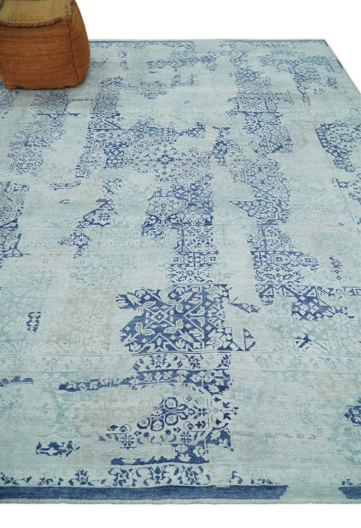 Fine Antique Design Silver, Light Teal and Blue transitional Hand Knotted 8x10 wool and Art Silk area Rug - The Rug Decor