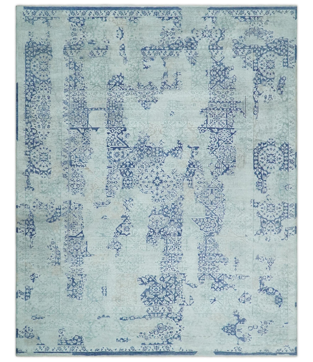 Fine Antique Design Silver, Light Teal and Blue transitional Hand Knotted 8x10 wool and Art Silk area Rug - The Rug Decor