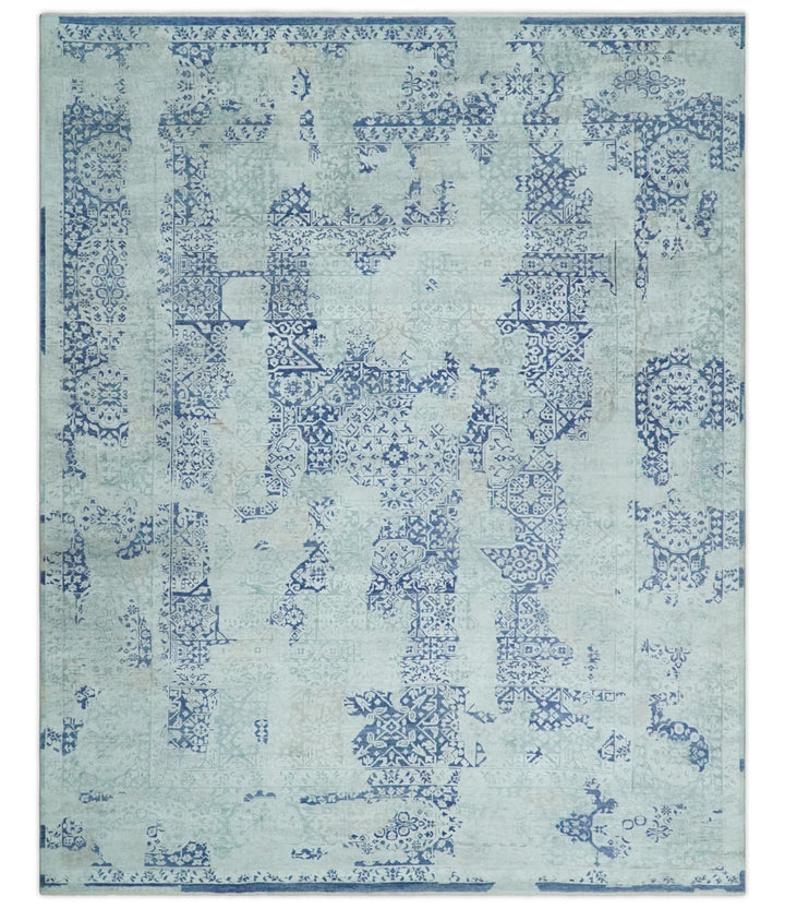 Fine Antique Design Silver, Light Teal and Blue transitional Hand Knotted 8x10 wool and Art Silk area Rug - The Rug Decor