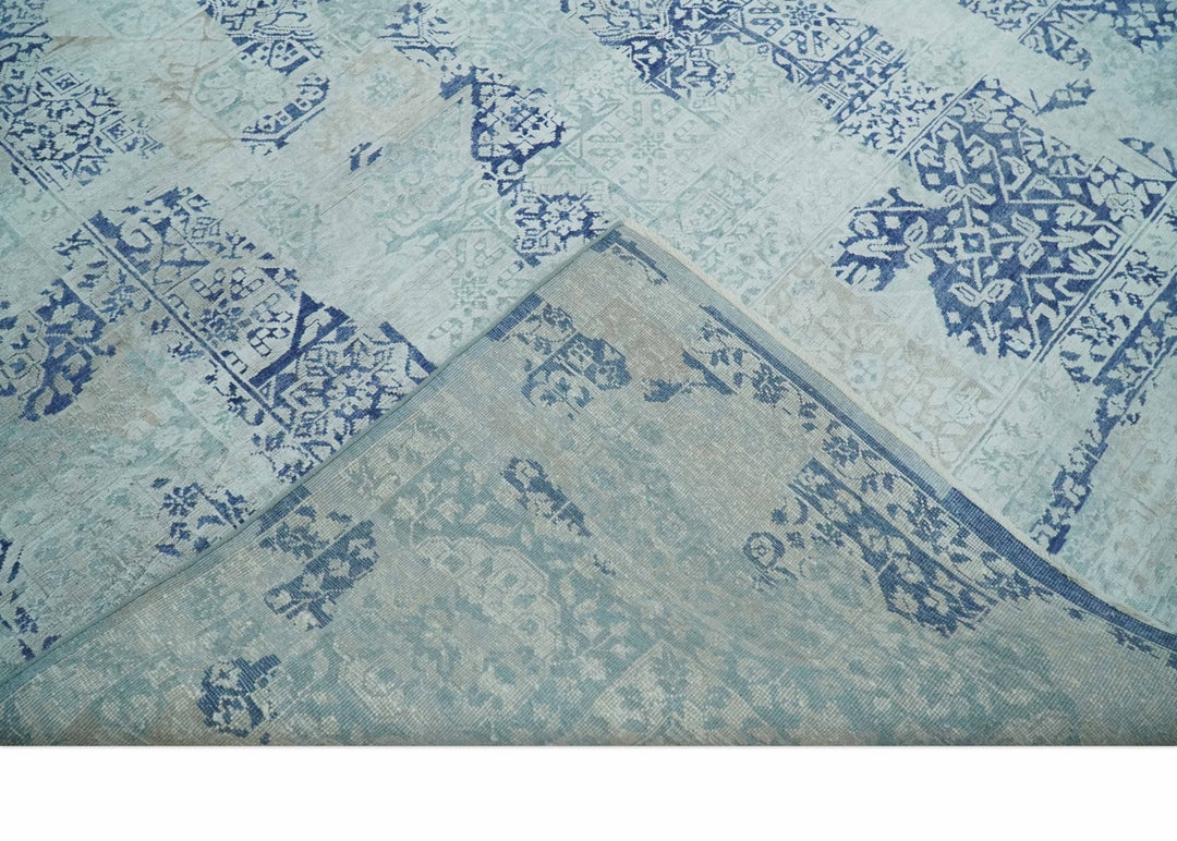 Fine Antique Design Silver, Light Teal and Blue transitional Hand Knotted 8x10 wool and Art Silk area Rug - The Rug Decor