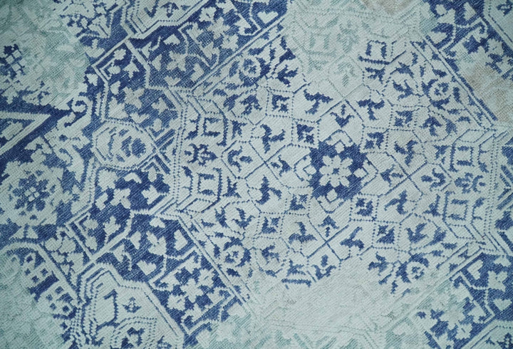 Fine Antique Design Silver, Light Teal and Blue transitional Hand Knotted 8x10 wool and Art Silk area Rug - The Rug Decor