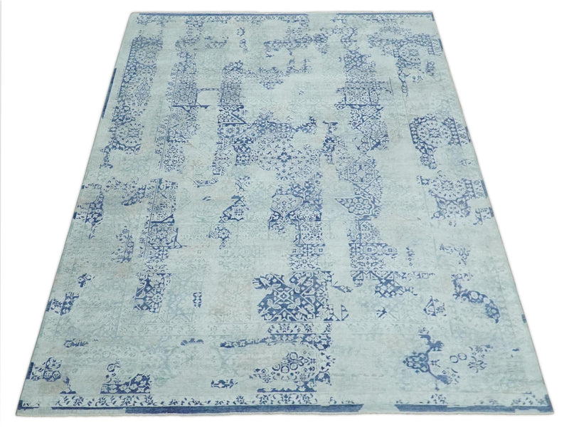 Fine Antique Design Silver, Light Teal and Blue transitional Hand Knotted 8x10 wool and Art Silk area Rug - The Rug Decor